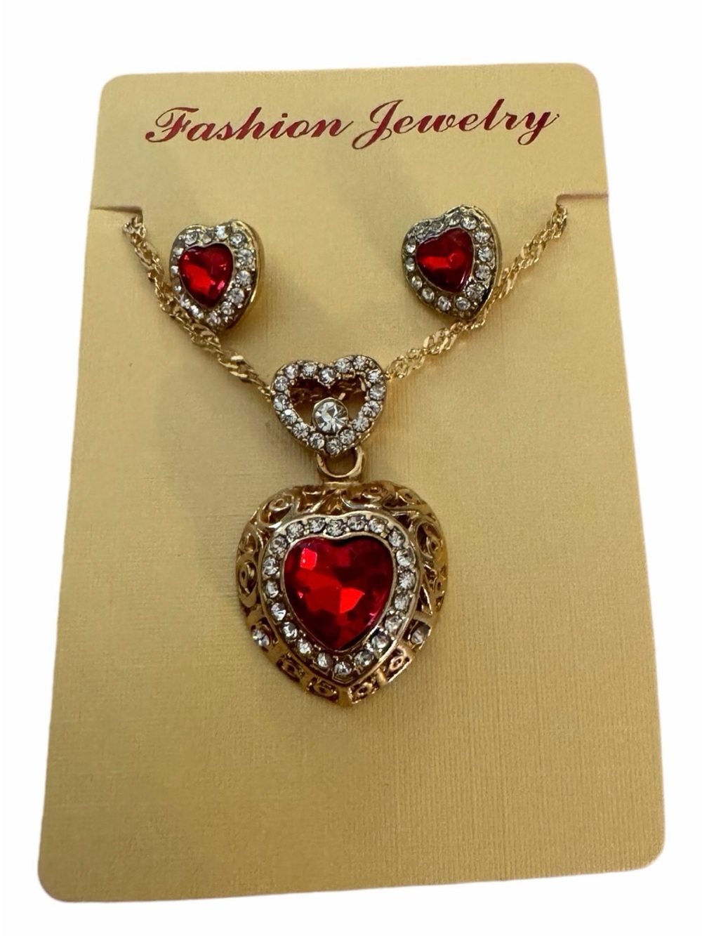 Fashion Jewelry Gold-Tone Red Heart Necklace & Stud Earrings Set